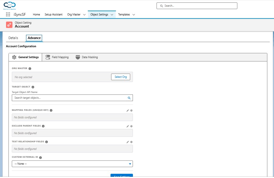 iSyncSF Object Settings general tab with target org, target object, and external ID field configuration